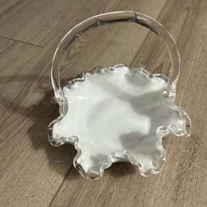 Vintage Fenton Silver Crest White Basket w/ Ruffled Edge Milk Glass Exc. Cond.
